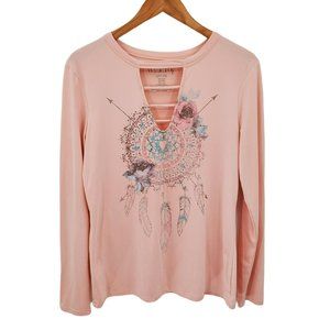 Pink Dreamcatcher Long Sleeve Top Womens Sz L Western Feathers Tribal V-Neck